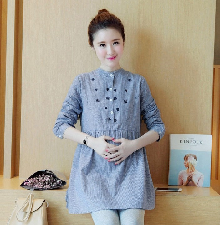 Striped Embroidery Maternity Top