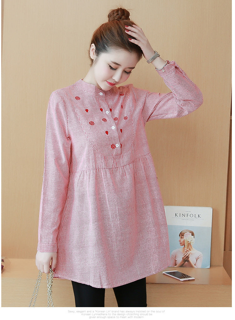 Striped Embroidery Maternity Top